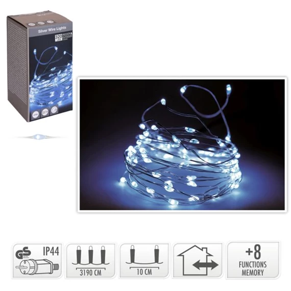Fényfüzér adapterrel, 8 programmal, időzítővel, 320 LED-es, kültéri-beltéri 31,9 m