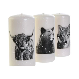 Gyertya bölény, medve, farkas mintás 7x7x13,5 cm 3 féle