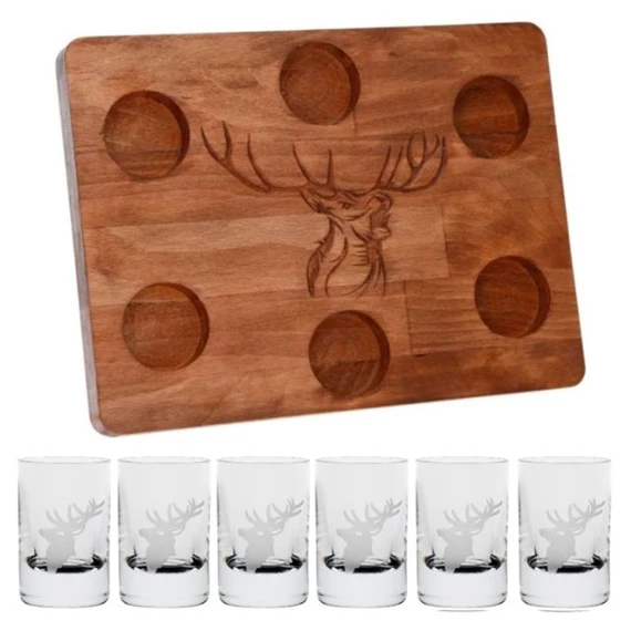 Röviditalos pohár fa tálcával, szarvasfej mintával, Swarovski kristállyal 30 ml S/6