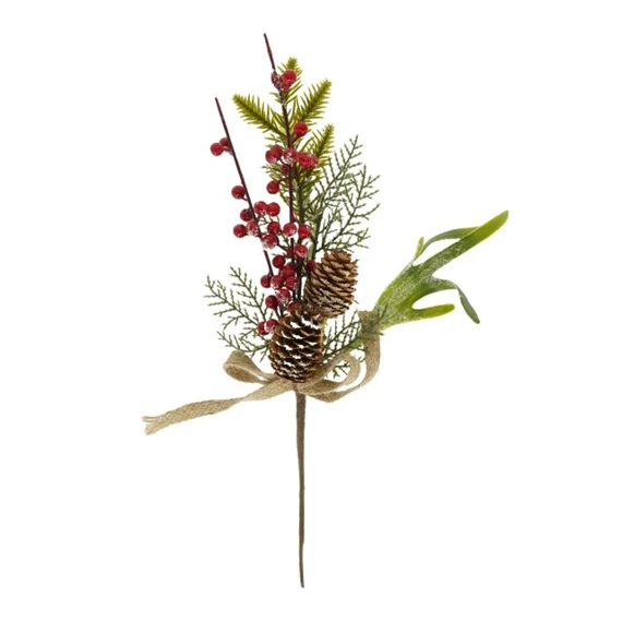 Selyemvirág fenyőág deres, bogyóval, tobozzal 34 cm