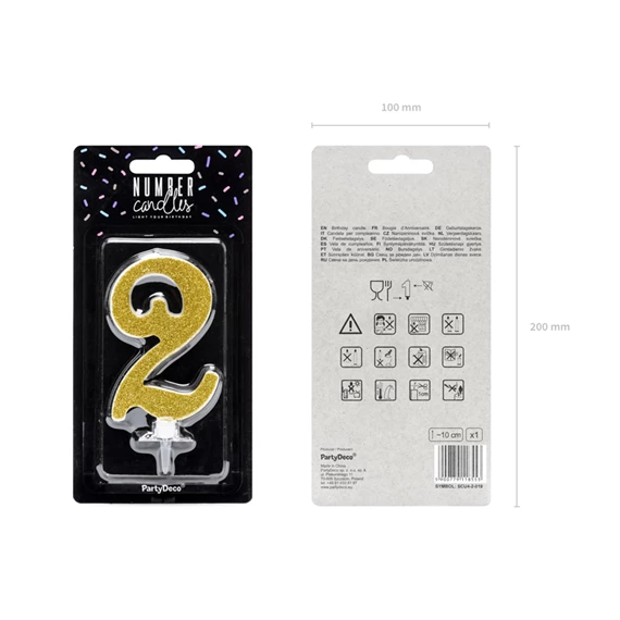 Szülinapi gyertya 2-es szám arany 10 cm