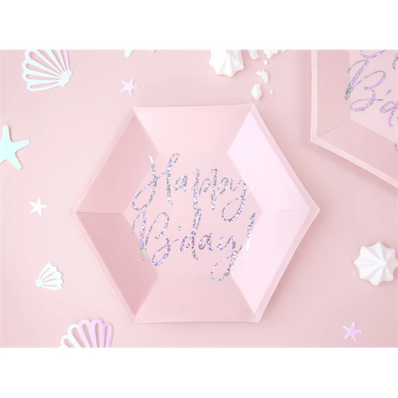 Papírtányér boldog szülinapot!, világos púderrózsaszín, 20 cm S/6