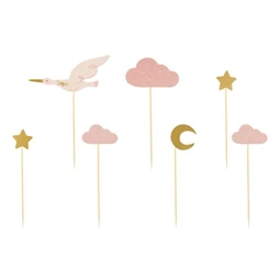 Tortadísz gólya papír 12 cm rózsaszín, arany